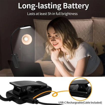 LED Book Clamp Reading Light – USB Rechargeable, 3 Color Temperatures