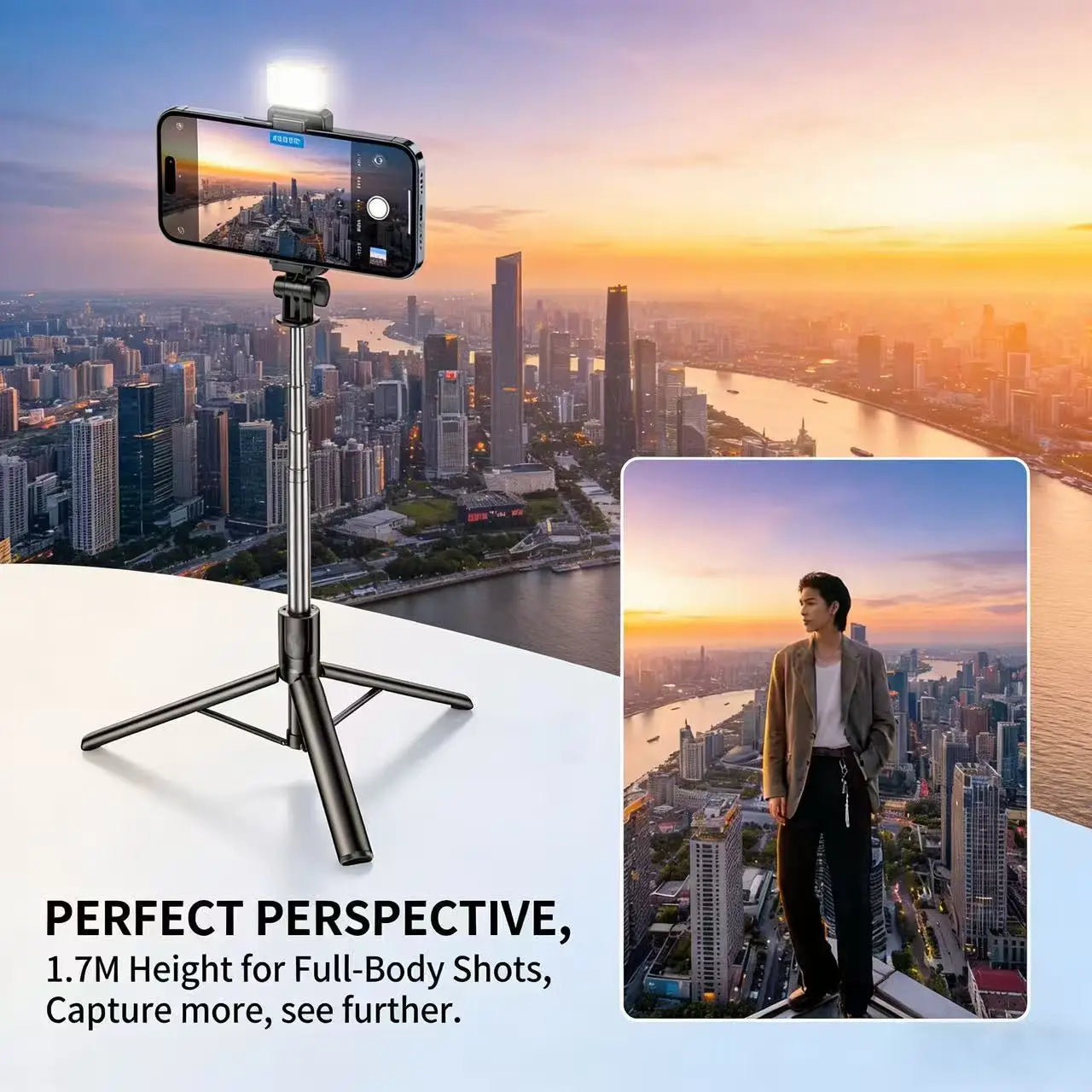 Selfie Stick Tripod 170cm Aluminum with 360° Rotation & LED Light