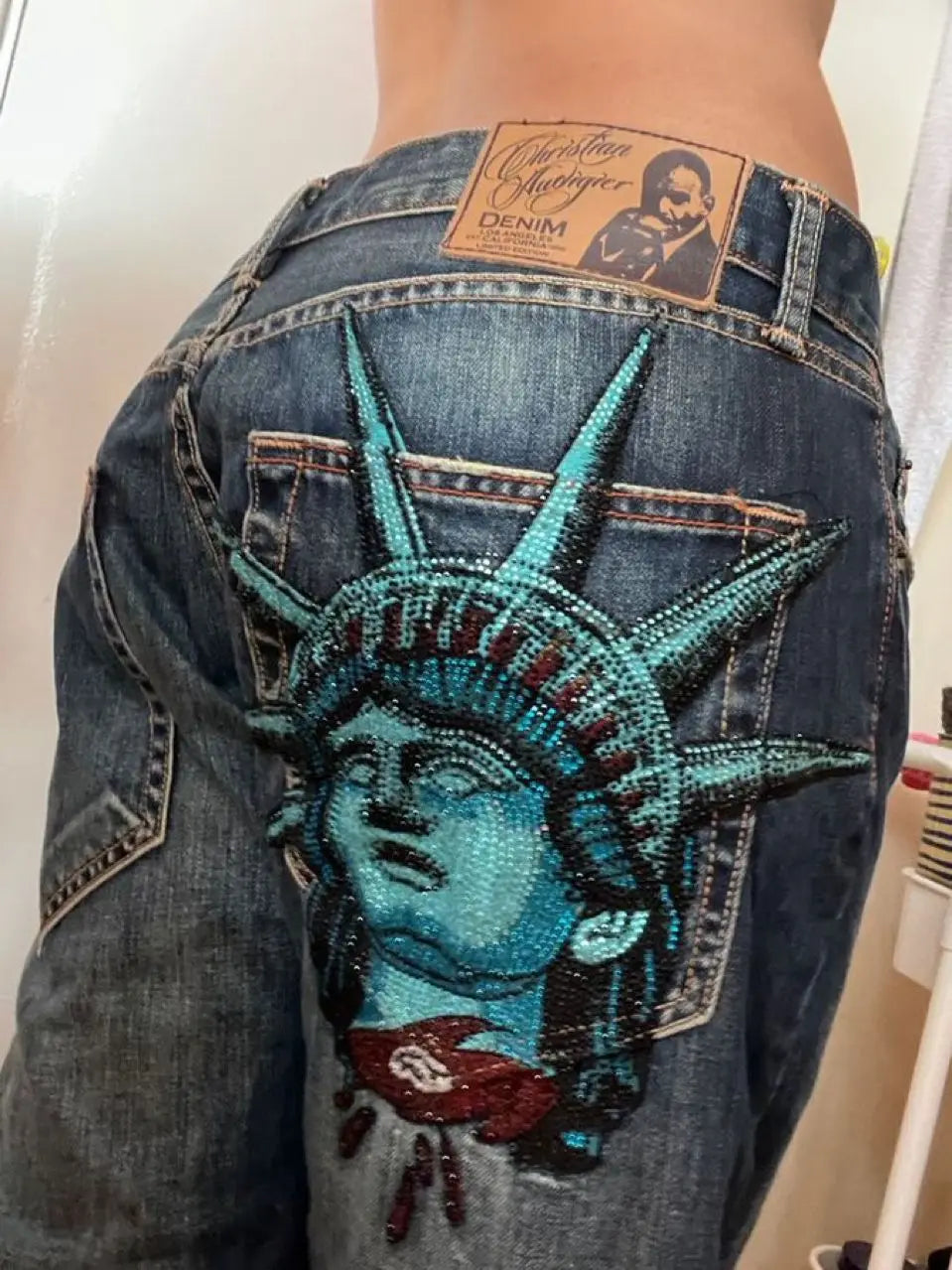 Y2K Wide Leg Jeans – Statue of Liberty Diamond Denim Pants