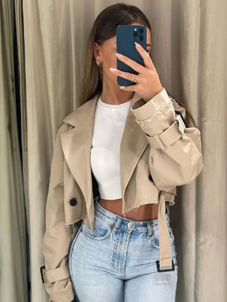Cropped Trench Jacket Women Double Breasted Belt Streetwear