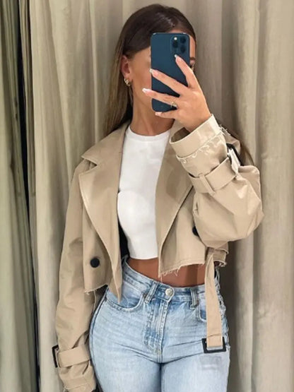 Cropped Trench Jacket Women Double Breasted Belt Streetwear