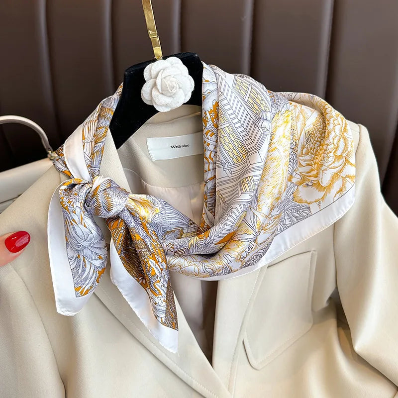 Silk-Feel Square Scarf – Women's Satin Print Neckerchief & Hair Band