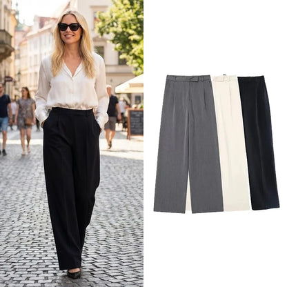 Women's High Waist Wide Leg Trousers with Front Zipper