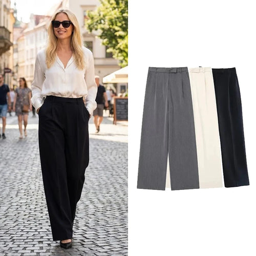 Women's High Waist Wide Leg Trousers with Front Zipper