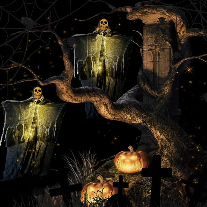 Halloween Hanging Skeleton Ghost Decoration – Glowing Skull with Gauze Robe