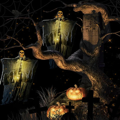Halloween Hanging Skeleton Ghost Decoration – Glowing Skull with Gauze Robe