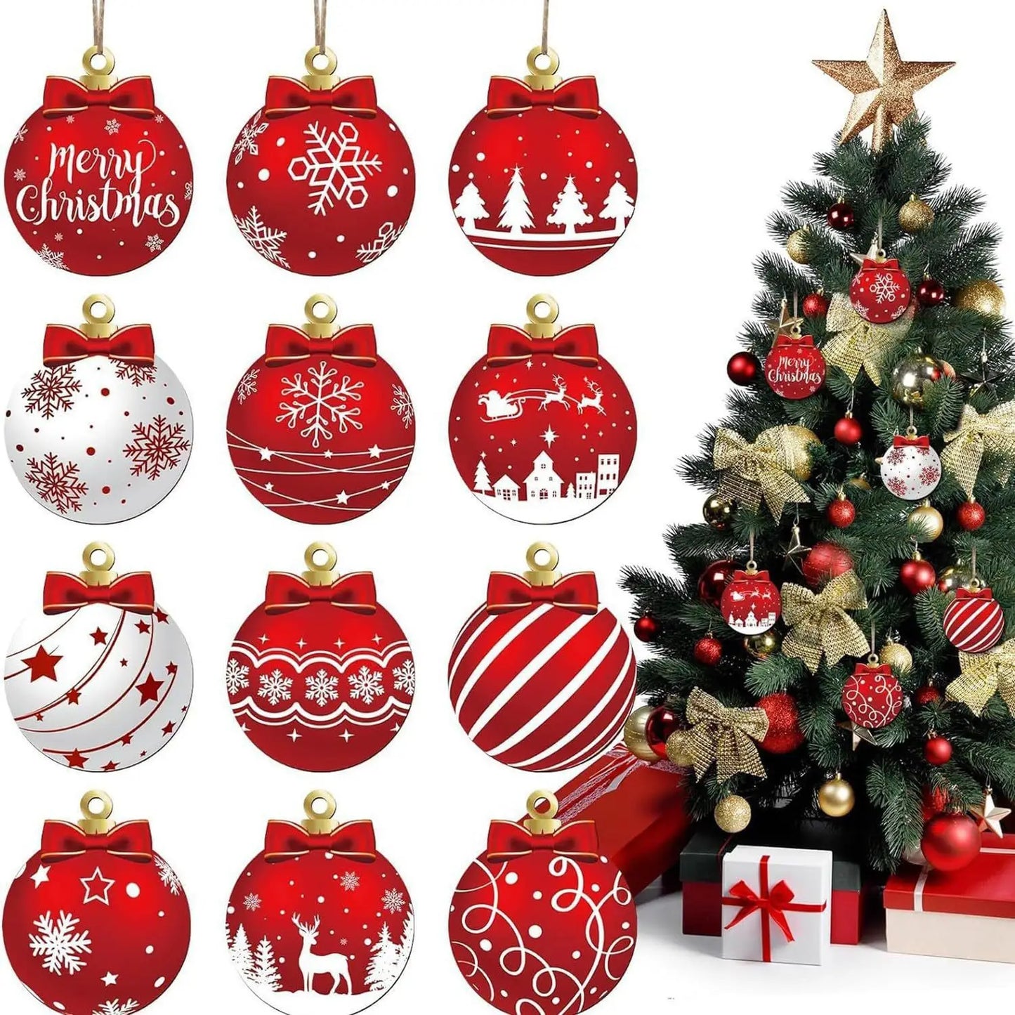 Christmas Ball Ornaments Set of 12 – Red & White Wooden Tree Decorations