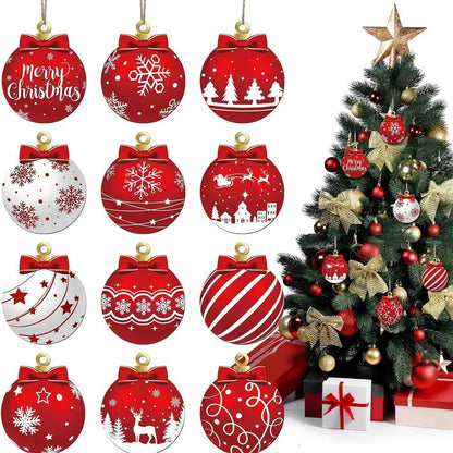 Christmas Ball Ornaments Set of 12 – Red & White Wooden Tree Decorations