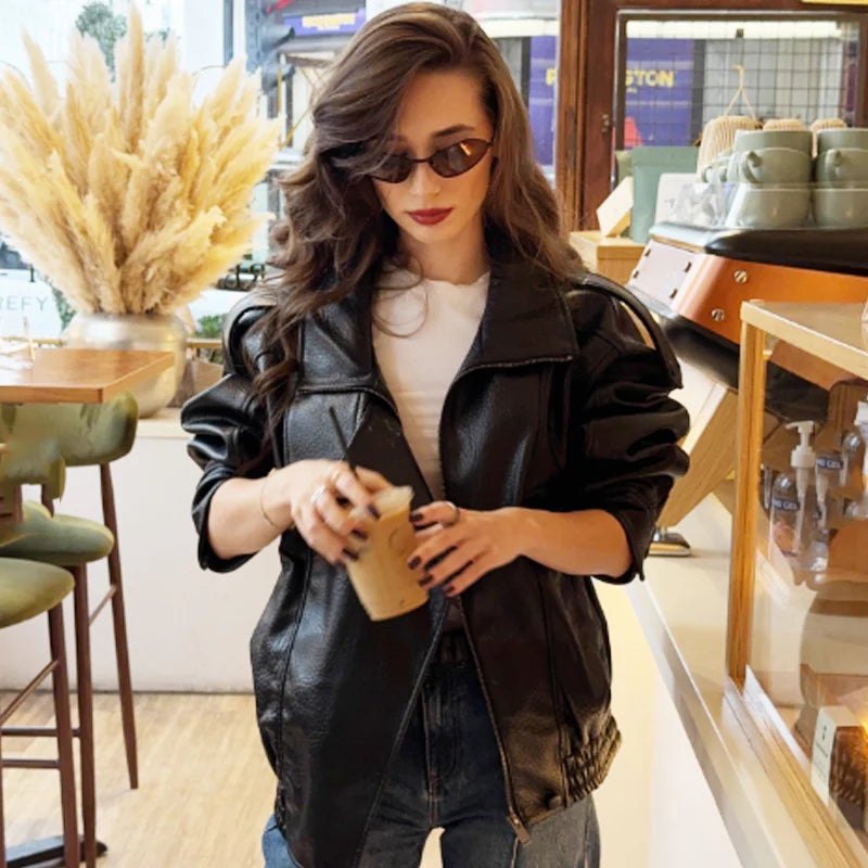 Women's Oversized Faux Leather Bomber Jacket – Zip-Up Cropped Coat