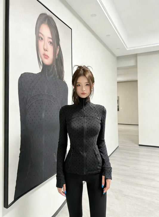 Polka Dot Zip-Up Jacket Women Stand Collar Slim Fit Outerwear