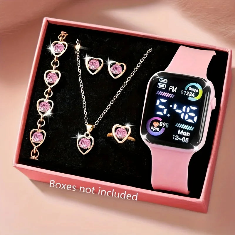 Kids Jewelry & Watch Gift Set – 5 or 6-Piece Necklace, Earrings, Ring & Watch