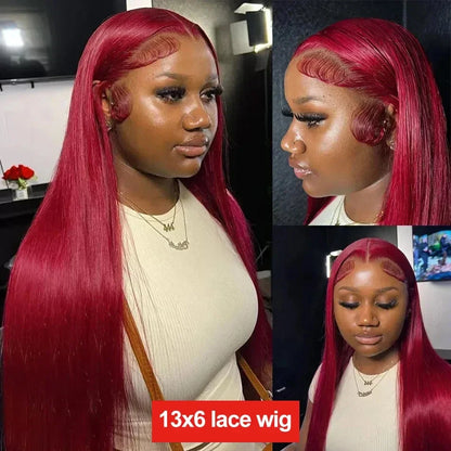 99J Burgundy Straight Human Hair Wig – 13x6 HD Lace Front, Pre-Plucked