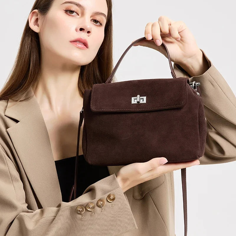 Suede Leather Crossbody Bag for Women – Turn-Lock Shoulder Bag
