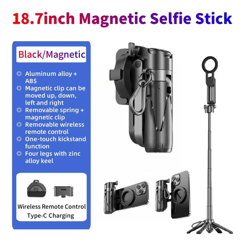 Magnetic Selfie Stick P15mini-C – USB-C Rechargeable, 360° Rotation & Wireless Remote