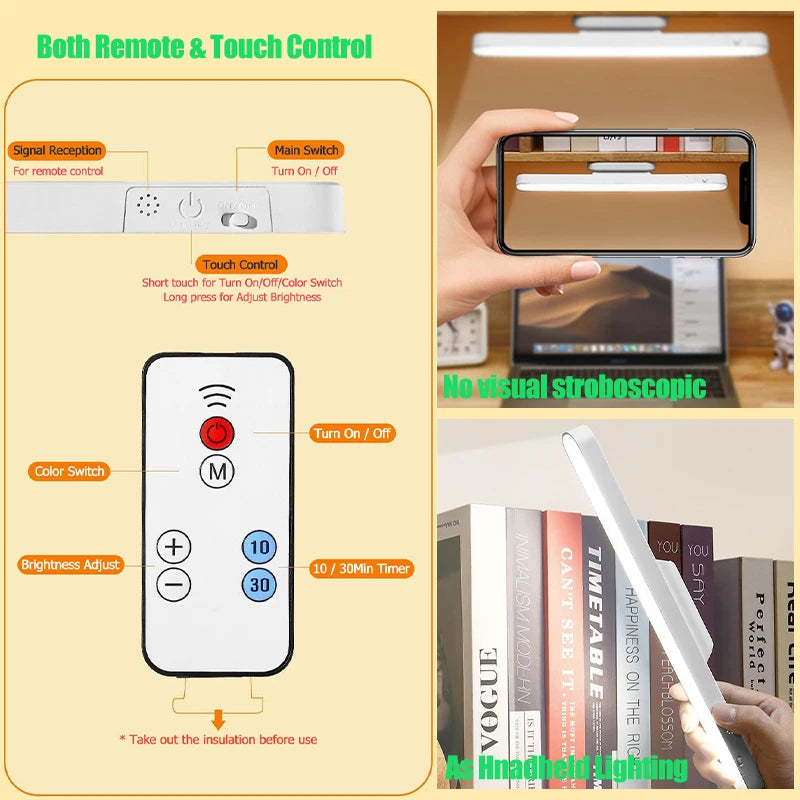 LED Desk Lamp Magnetic Hanging USB Rechargeable with Remote & 3 Color Modes