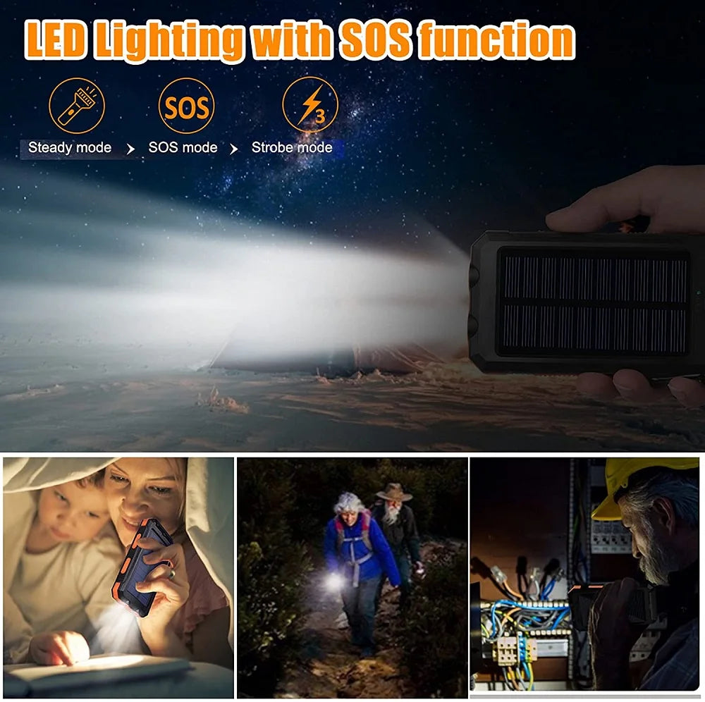 Solar Power Bank 80000mAh Portable Charger with LED Flashlight & Carabiner