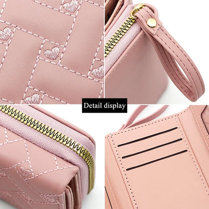 Women's Trifold Wallet – PU Leather Embroidered Short Card Purse