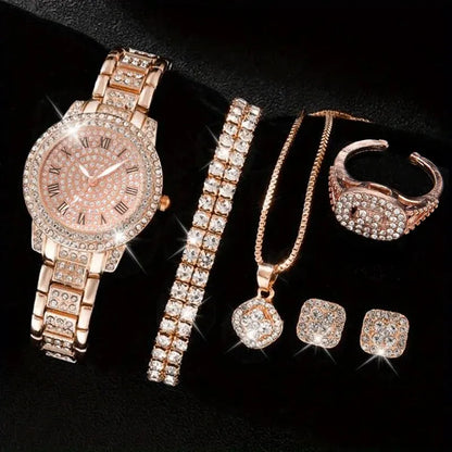 6-Piece Women's Luxury Rhinestone Watch & Jewelry Set