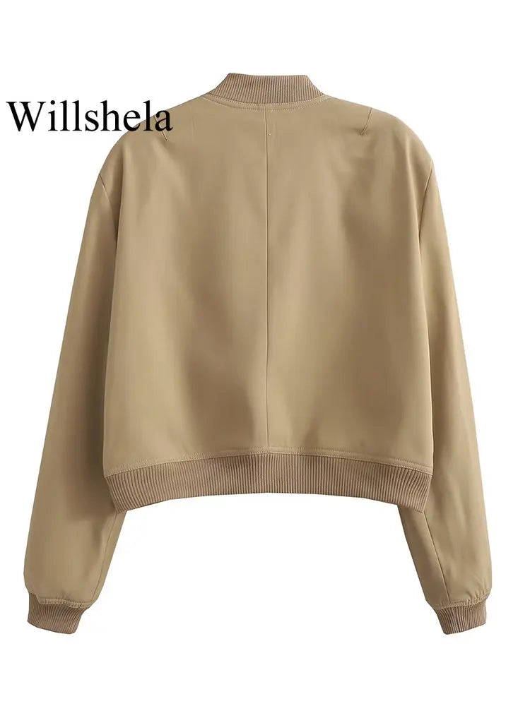 Women's Bomber Jacket with Pockets – Single Breasted Long Sleeve Coat