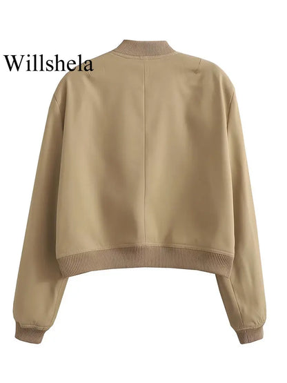 Women's Bomber Jacket with Pockets – Single Breasted Long Sleeve Coat