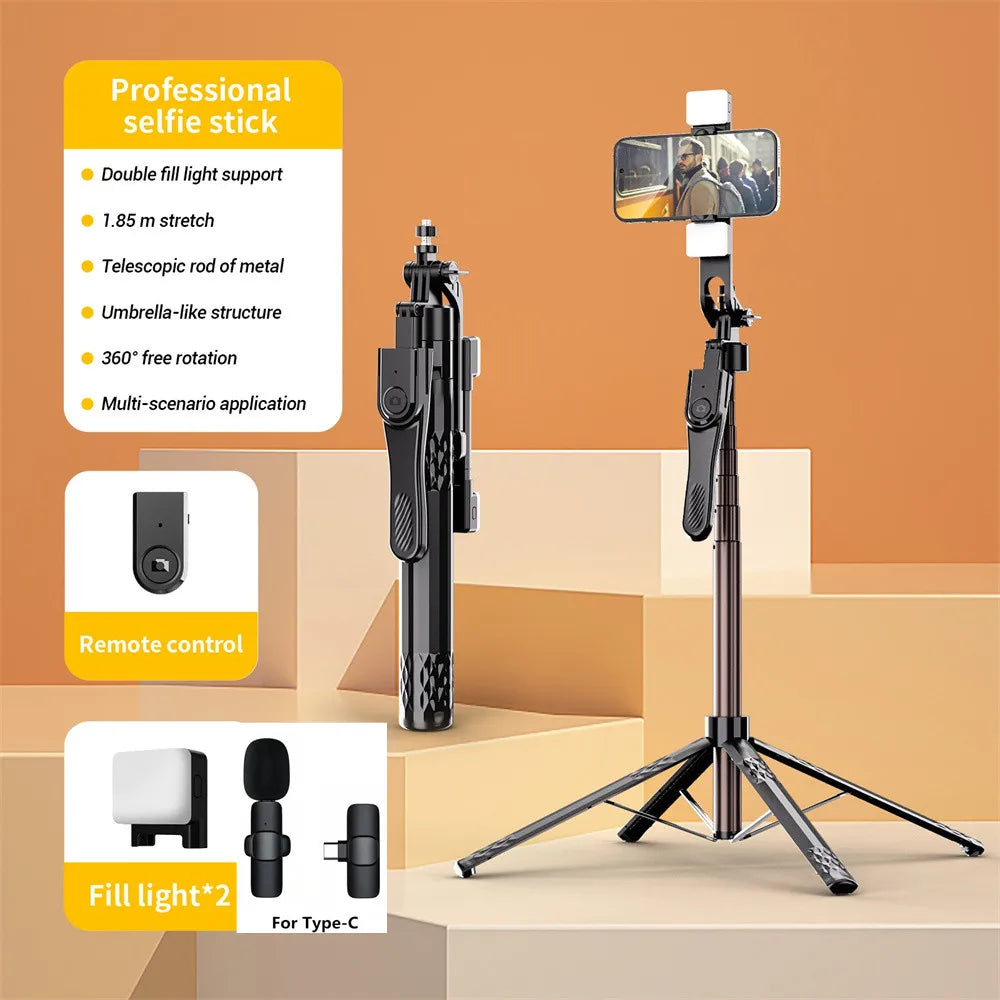 Selfie Stick Tripod 185cm with Fill Light & Bluetooth Remote