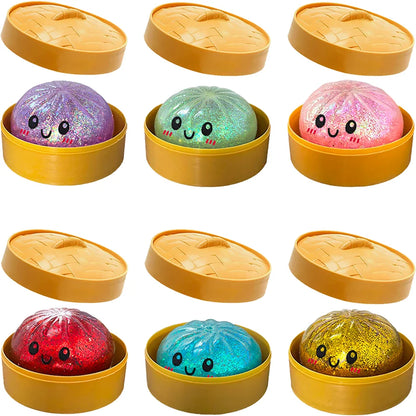 Glitter Dumpling Squishy Toy – Cute Sensory Squeeze Stress Relief Ball in Steamer Box