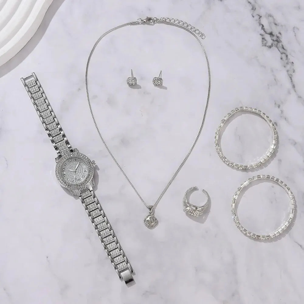 6-Piece Women's Luxury Rhinestone Watch & Jewelry Set