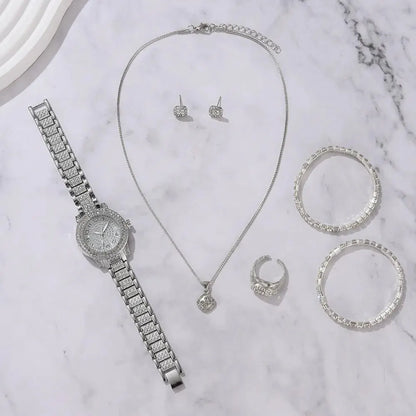 6-Piece Women's Luxury Rhinestone Watch & Jewelry Set