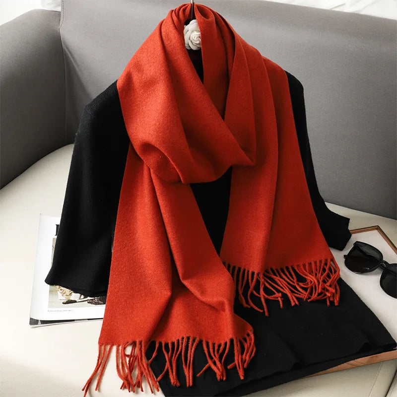 Women's Solid Cashmere Winter Scarf with Tassels – Warm Shawl Pashmina