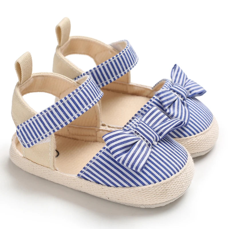 Baby Girl Bow Canvas Sandals – Soft Sole Striped Flats