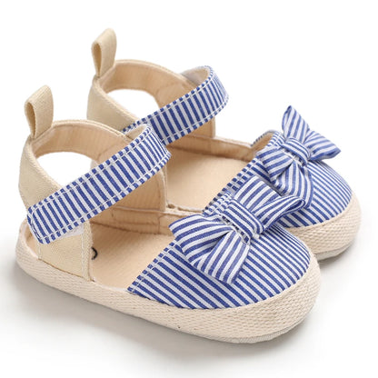 Baby Girl Bow Canvas Sandals – Soft Sole Striped Flats