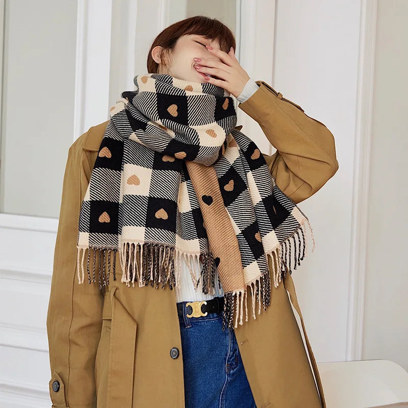 Women's Heart Pattern Plaid Blanket Scarf with Tassels