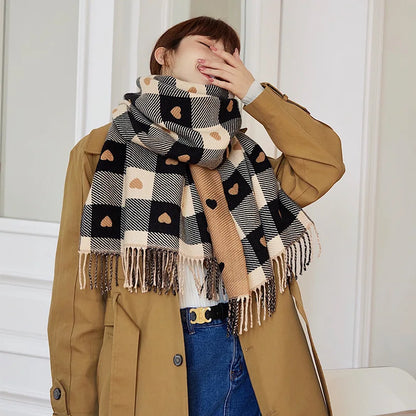 Women's Heart Pattern Plaid Blanket Scarf with Tassels