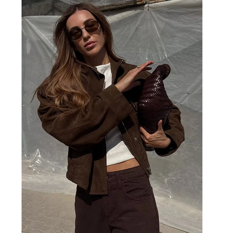 Women's Brown Suede Bomber Jacket with Big Pockets
