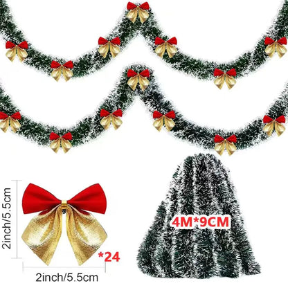 Christmas Tinsel Garland with Bows – Snow-Tipped Xmas Tree Ribbon Decoration