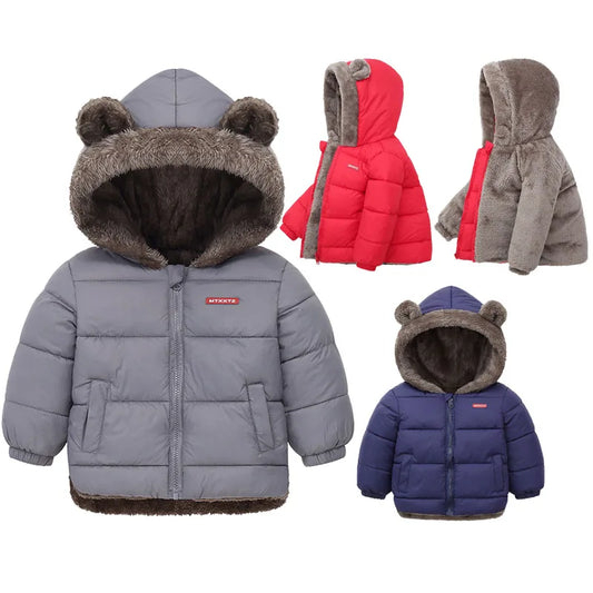 Kids Bear Ear Hooded Puffer Jacket – Fleece-Lined Winter Coat