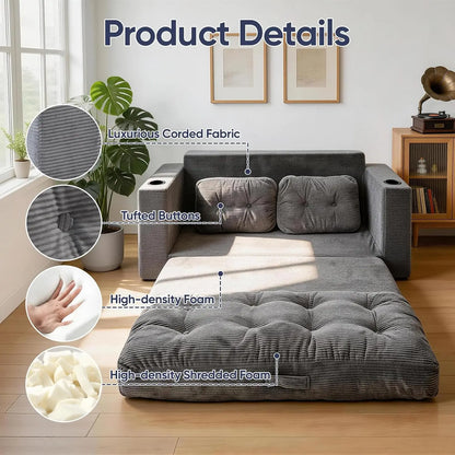Convertible Corduroy Loveseat Sleeper Sofa Bed with Cup Holders