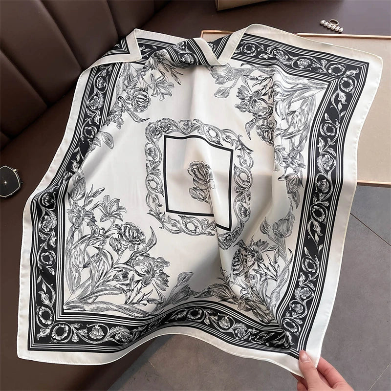 Satin Square Scarf Women Cute Cat Print Headscarf Neckerchief