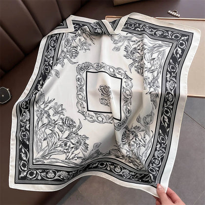 Satin Square Scarf Women Cute Cat Print Headscarf Neckerchief