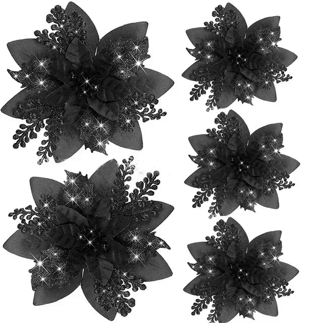 Glitter Artificial Christmas Poinsettia Flowers – Set of 5