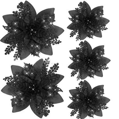 Glitter Artificial Christmas Poinsettia Flowers – Set of 5