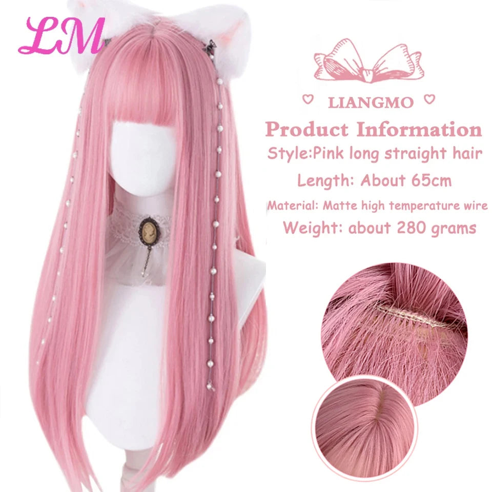 Cosplay Synthetic Wig with Bangs – Long Straight 24 Inch, Heat Resistant