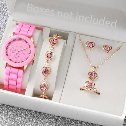 Women's Quartz Watch & Jewelry Set with Silicone Band