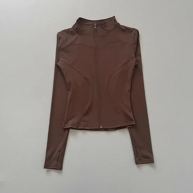 Women's Fitted Zip-Up Workout Jacket – Waist-Cinching Long Sleeve Activewear