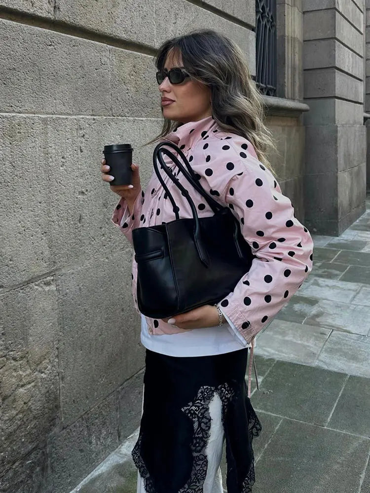 Women's Polka Dot Drawstring Jacket – Elegant Spring Coat