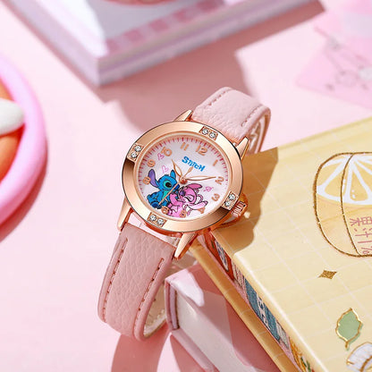 Stitch Kids Watch for Girls – Leather Strap Rhinestone Cartoon Dial