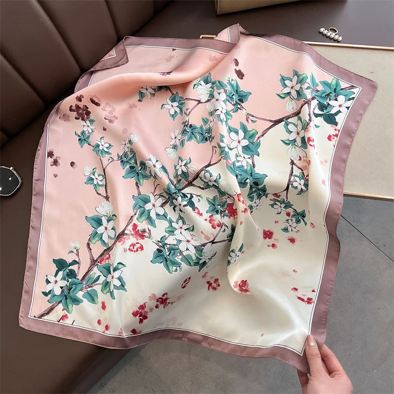 Satin Square Scarf Women Cute Cat Print Headscarf Neckerchief