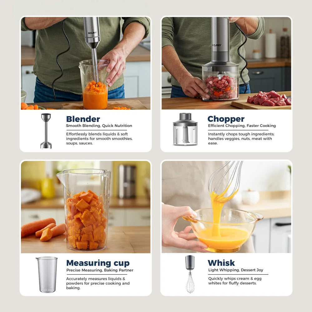 4-in-1 Immersion Blender – Stainless Steel Hand Stick Blender with Whisk & Chopper