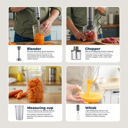 4-in-1 Immersion Blender – Stainless Steel Hand Stick Blender with Whisk & Chopper