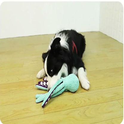Squeaky Plush Octopus Dog Toy – Interactive Denim Chew Toy